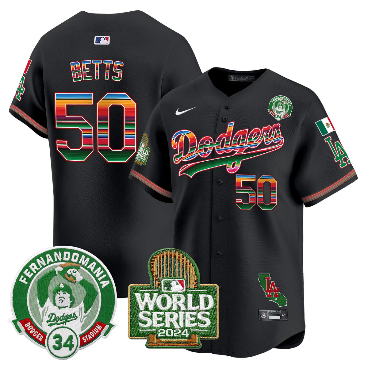 Men's Dodgers Mexico Fernando Valenzuela & 2024 World Series Patch Vapor Premier Limited Jersey - All Stitched