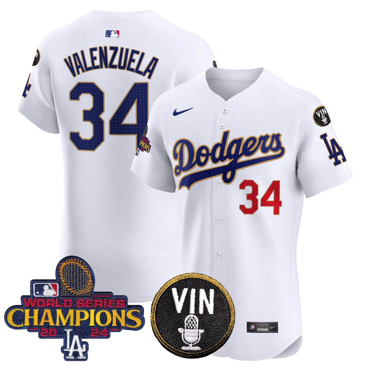Men's Dodgers 2024 World Series Champions Gold Trim Vapor Premier Elite Jersey - All Stitched