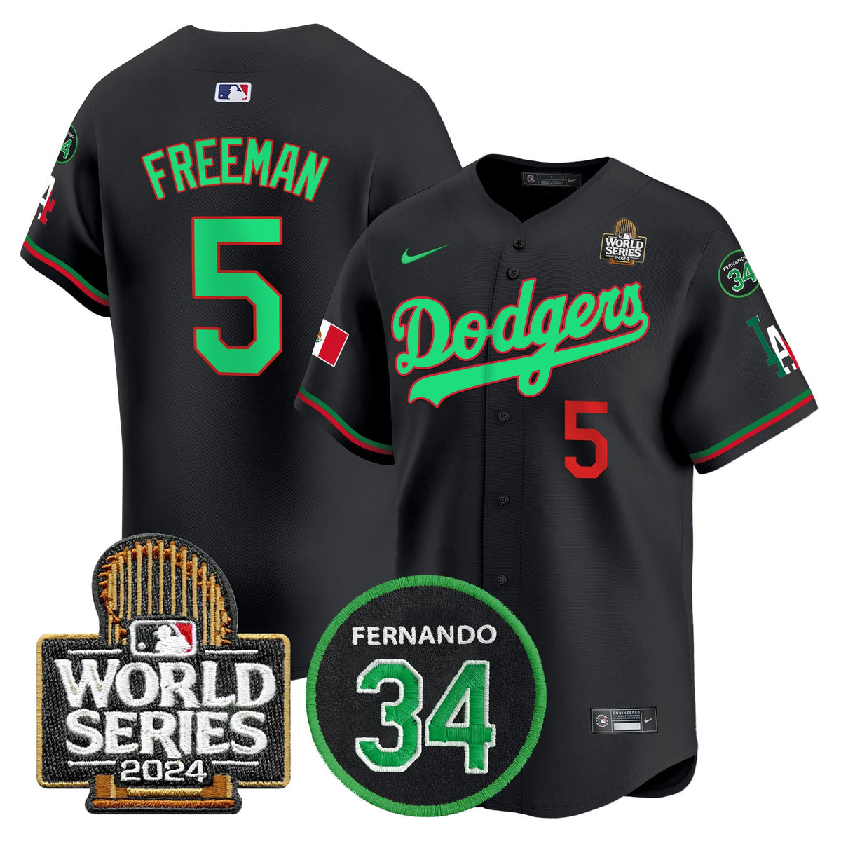 Men's Dodgers Mexico Fernando Memorial & 2024 World Series Patch Vapor Premier Limited Jersey V3 - All Stitched
