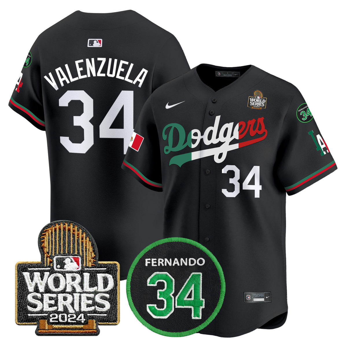 Men's Dodgers Mexico Fernando Memorial & 2024 World Series Patch Vapor Premier Limited Jersey V3 - All Stitched