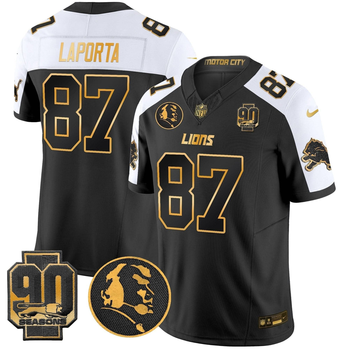 Detroit Lions 2024 90th & John Madden Patch Gold Vapor Limited Jersey V2 - All Stitched